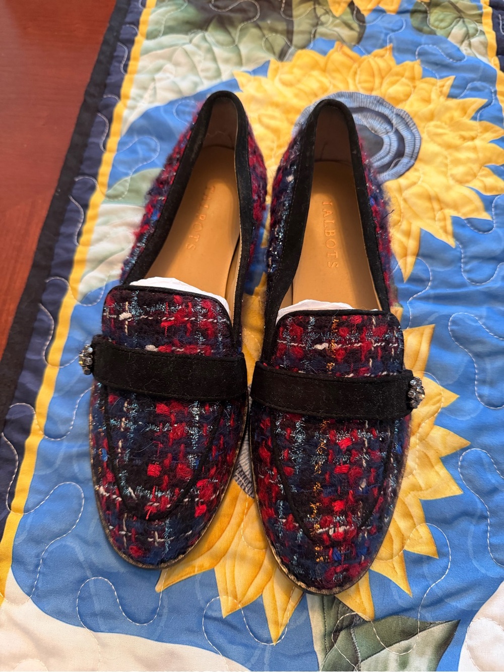 Talbots Multicolor Tweed Loafers with Black Suede Strap and Jewel Accent